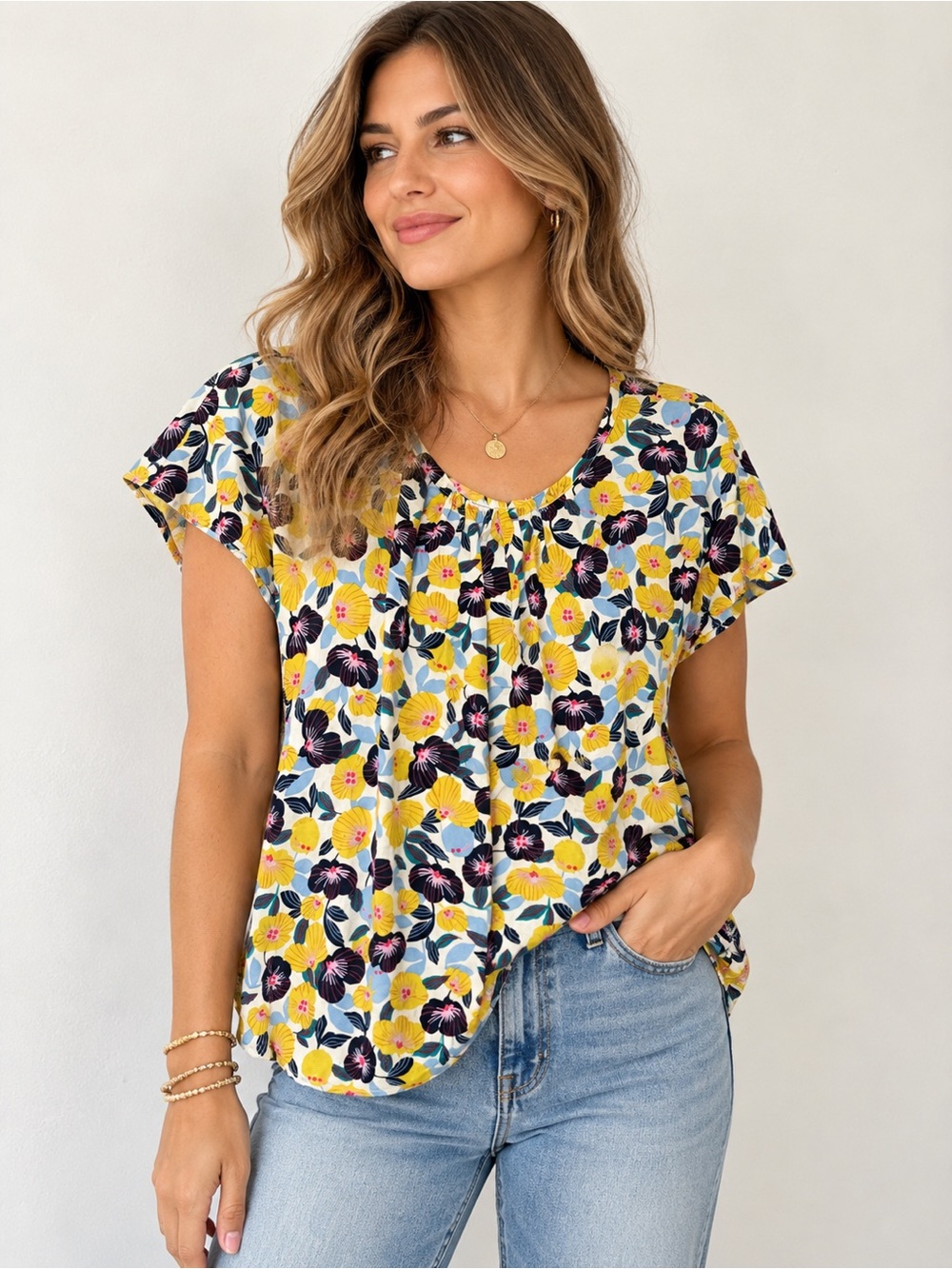 Boden Yellow Floral Scoop-Neck Short Sleeve Top